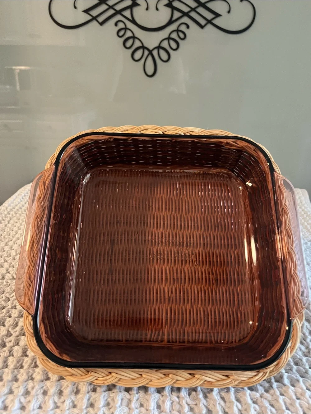 Vintage Pyrex 8 x 8 baking dish with basket amber color 411